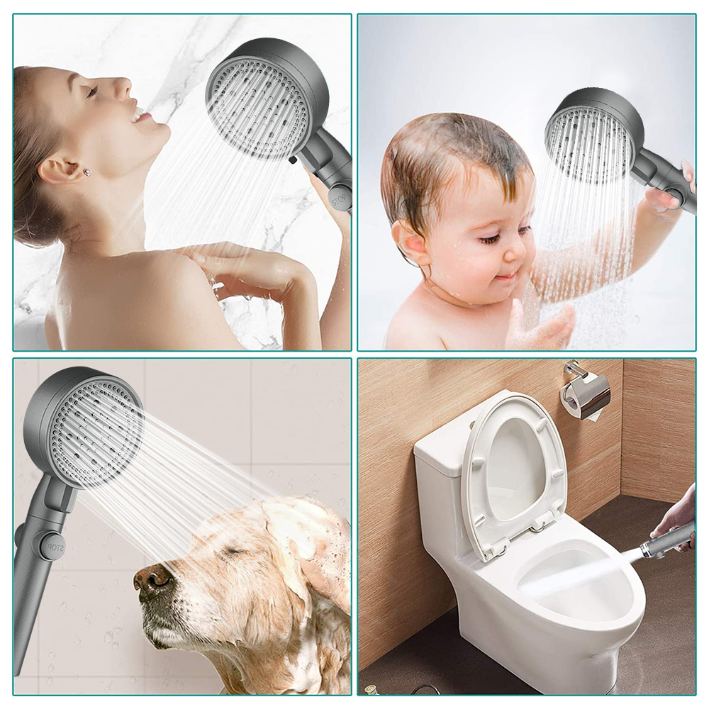 High Pressure Shower Head 5 Modes Adjustable Showerheads with Hose Water Saving One-Key Stop Spray Nozzle Bathroom Accessories