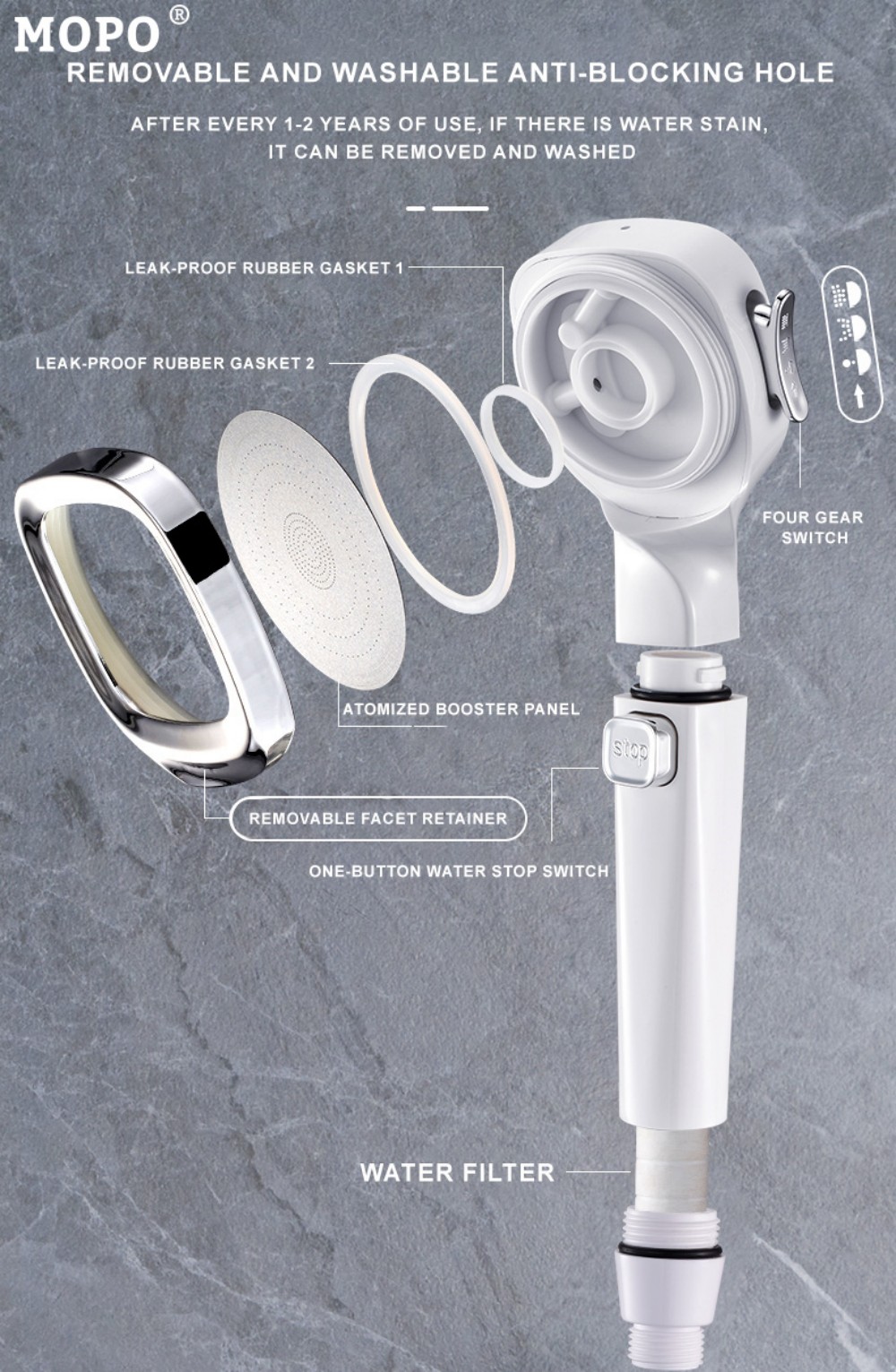 4Mode High Pressure ShowerHead One-key Stop Water Toothbrushes Head Water Saving Adjustable Shower Chuveiro Bathroom Accessories