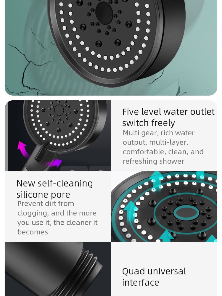 5 Mode Pressure Boost Shower Head Multifunction Adjustable Large Water Yield Shower Nozzle Massage Shower Bathroom Accessory